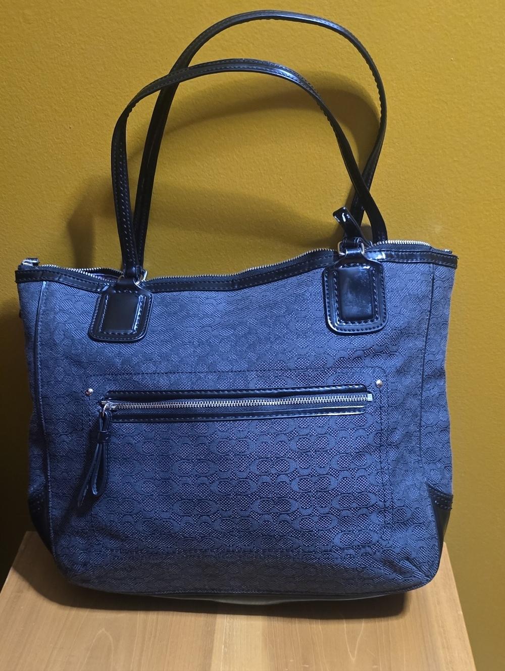 Coach Blue Monogram Tote with Black Trim